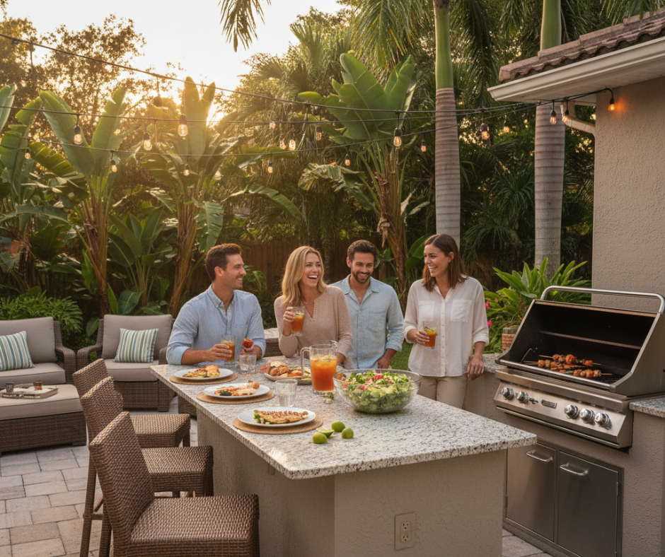 People enjoying a meal together in a custom outdoor kitchen with grill and seating in a landscaped backyard.